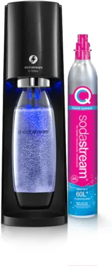 E-TERRA Machine à Eau Pétillante et Soda Électrique - Pack 1 Bouteille 1L Compatible Lave-Vaisselle + 1 Recharge de Gaz 60L à Clipser - Noire