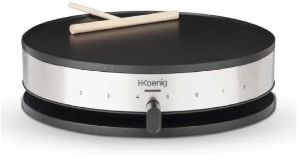 H.Koenig Crêpière électrique KREP29, Appareil à Crêpes Inox, Crêpes Maker, Crêpes Party, Plaque de Cuisson Antiadhésive 33 cm, Posable sur table, Thermostat réglable, Spatule Distributeur inclus Classic