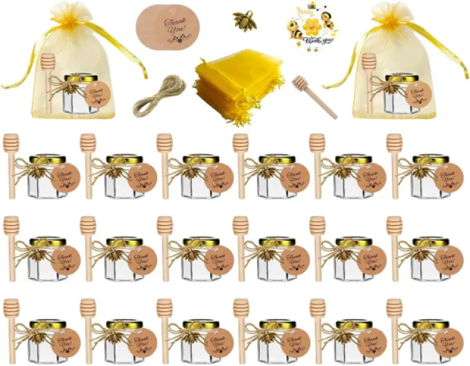Hapneyea 20 Pack 1.5 OZ hexagonal pot de miel en verre avec cuillère en bois, pendentif abeille, sac cadeau en or, carte de remerciement, Jutes - parfait pour les cadeaux de bébé, mariages et fêtes