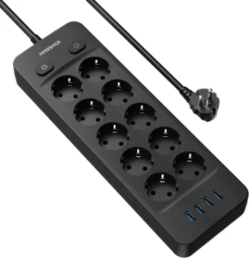 Multiprise Electrique (16A/4000W), Multiprise 10 Prises avec 4 Ports USB, Bloc Multiprise Parafoudre et Surtension avec Interrupteur, Câble 2Mpour Maison Bureau,Noir