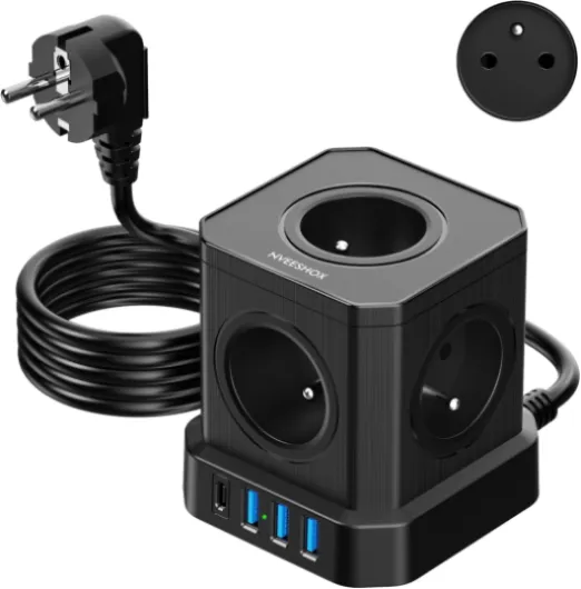 Cube Multiprise (16A/4000W) 5 Prises françaises avec 3 Ports USB et 1 Port Type-C, Bloc Multiprise Parafoudre et Surtension avec Interrupteur, Câble 2Mpour Maison Bureau,Voyage (Noir)