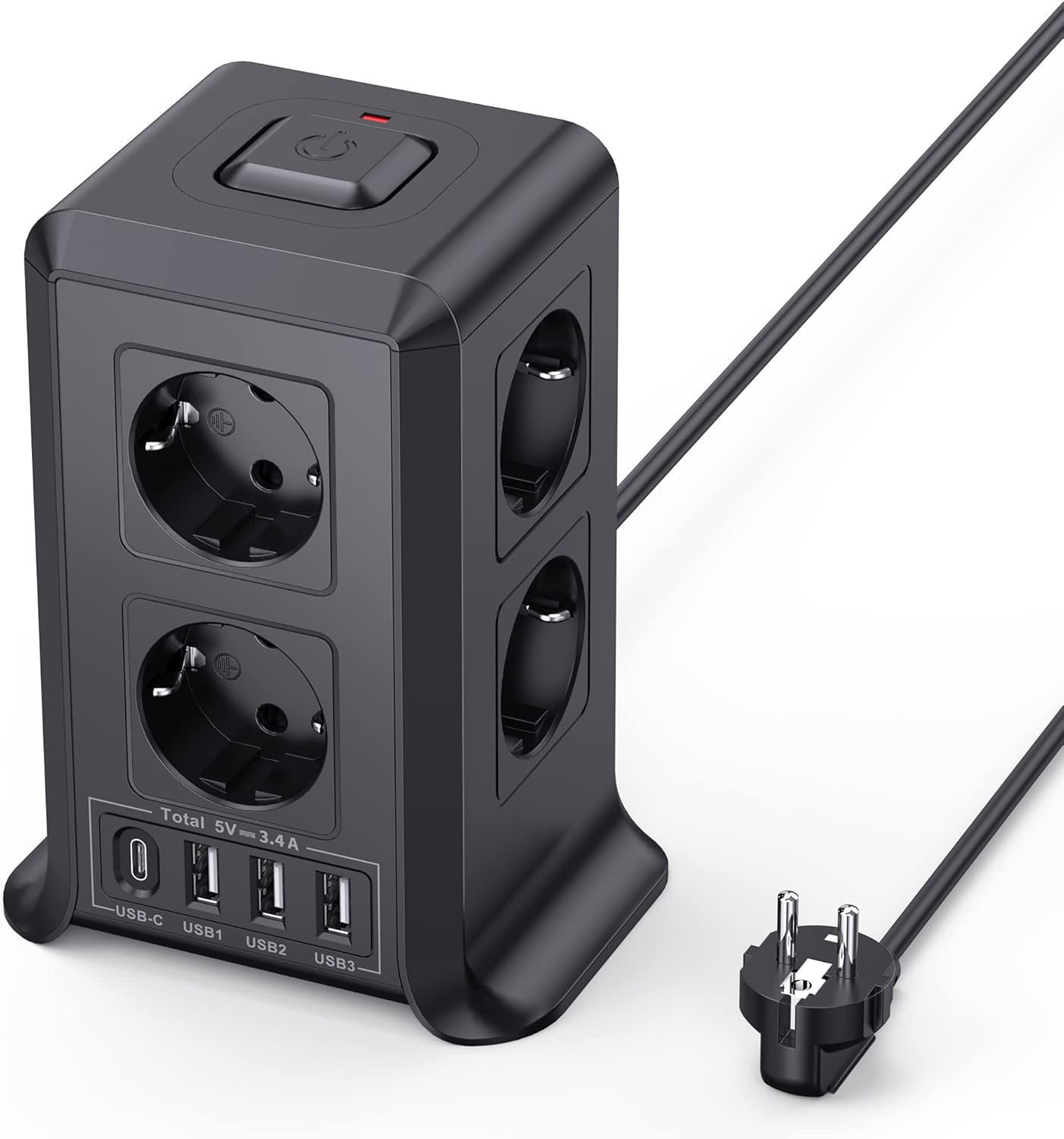 Multiprise avec Interrupteur, Sameriver Tour Multiprise 8 Prises et 4 USB, Multiprise Parafoudre et Surtension Rallonge Electrique 2M Câble à la Maison et au Bureau 2M Noir