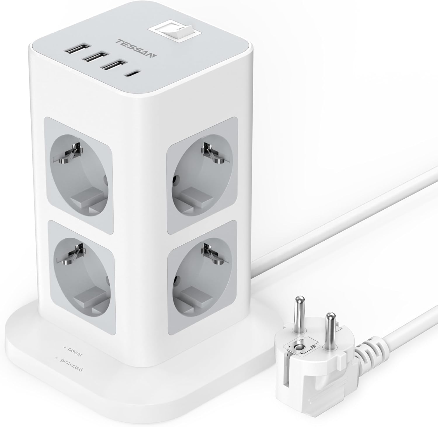 Tour Multiprise Parafoudre et Surtension 8 Sortie AC avec 4 USB, Prise Multiple 3600W avec Interrupteur et Rallonge Electrique 2 Mètres, Convient pour Maison, Bureau, Gris 1 USB C avec 2M Câble