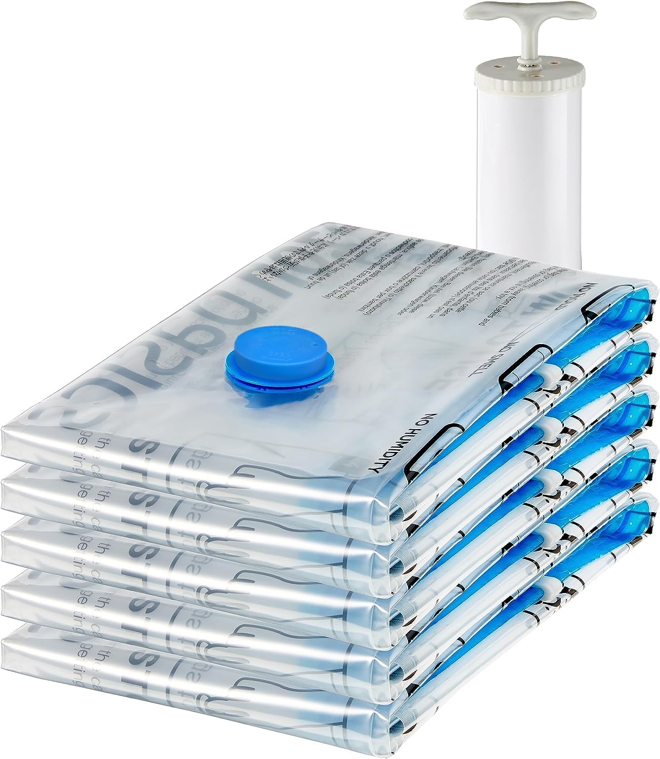 Housses de rangement sous vide avec pompe manuelle, Fermeture éclair, 5 pièces, Taille L, Clair Taille L Lot de 5