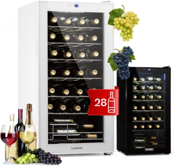 Shiraz Cave a Vin, Réfrigérateur à Vin à une Zone, Cave à Vin de Vieillissement, Prosecco et Bière, Ecran Tactile, Réfrigérateur de Bar, Frigo Interieur/Exterieur, 5-18°C, 28 Bouteilles 74 Litres / 28 Bouteilles Blanc