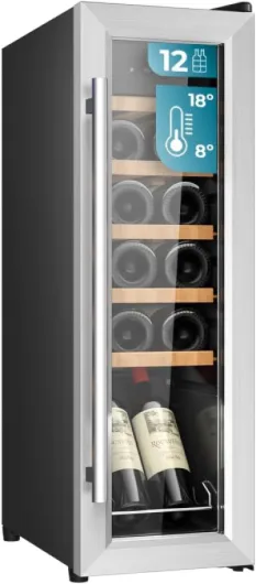 Cave à vin Bolero GrandSommelier 1250 CoolWood Compressor - Cave à vin sur pied, 12 bouteilles, température réglable 8-18°C, étagères en bois, écran tactile et éclairage LED - 12 Bouteilles Inox + Bois