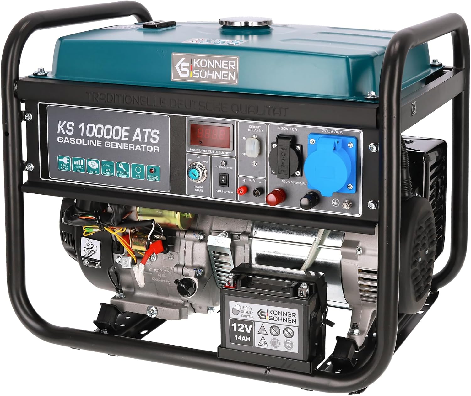 Générateur à essence KS 10000E ATS, 8000W, ATS intégré, démarrage manuel/électro,18 CV, prises 1x16A, 1x32A (230V), EURO-V, AVR, affichage LED, enroulement 100% cuivre,pour consommateurs 230V 8000 W Electric Built-in Vts Gasoline