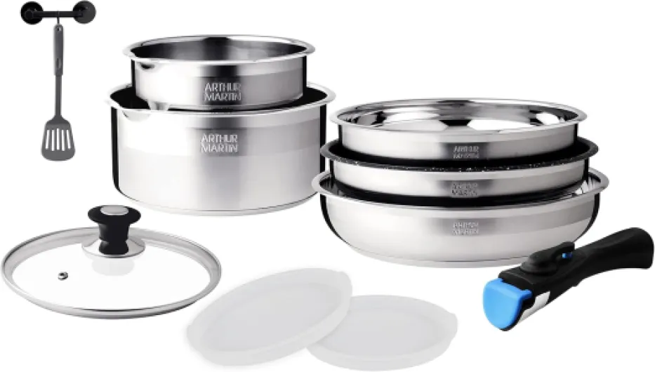 AM0025 Batterie de cuisine amovible 10 pièces Acier Inoxydable Casserole avec bec verseur Poignée amovible tous feux dont induction