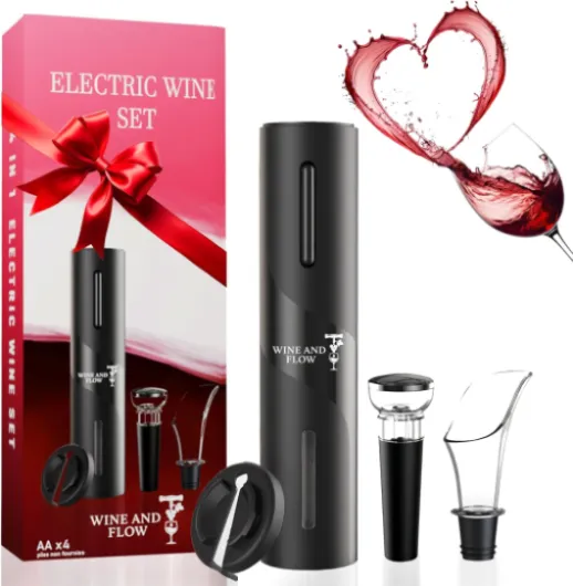 Tire bouchon electrique à piles 4 en 1 Wine and Flow – Idee cadeau homme amateur ou professionnel du vin – Coffret cadeau Ouvre Bouteille Electrique - Accessoire vin et tire bouchon sommelier