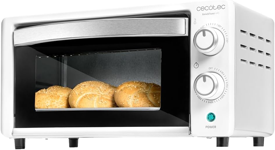 Four de comptoir Bake&Toast 1090 Blanc, 10 L, 1000 W, Minuteur 60 minutes, Température Réglable jusqu'à 230ºC, Plaque de Cuisson, Grille et Pinces, Avertissement Sonore, Résistances à Quartz 10 L Blanc