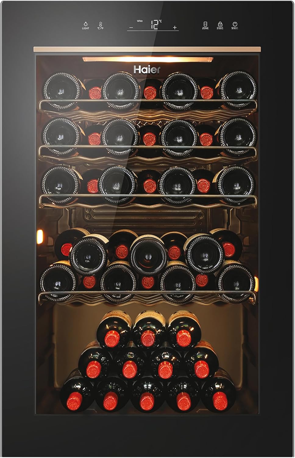 Haier - Cave à Vin 49 Bouteilles - 1 Porte - Classe Énergétique F - Froid Statique - Noire - 82 x 49,7 x 58,5 cm - Modèle HWS49GAE