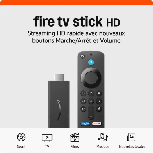 Amazon Fire TV Stick HD (Nouvelle génération) - TV gratuite et en direct, télécommande vocale Alexa, contrôle de la maison connectée, streaming HD