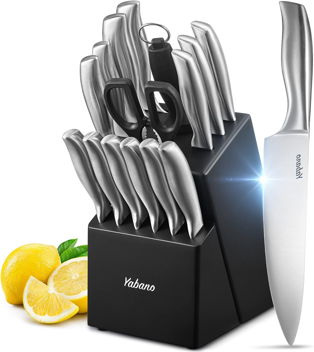 Yabano Couteaux de Cuisine, 16 set couteau cuisine en Acier Inoxydable, couteau cuisine professionnelle avec Support en Bois