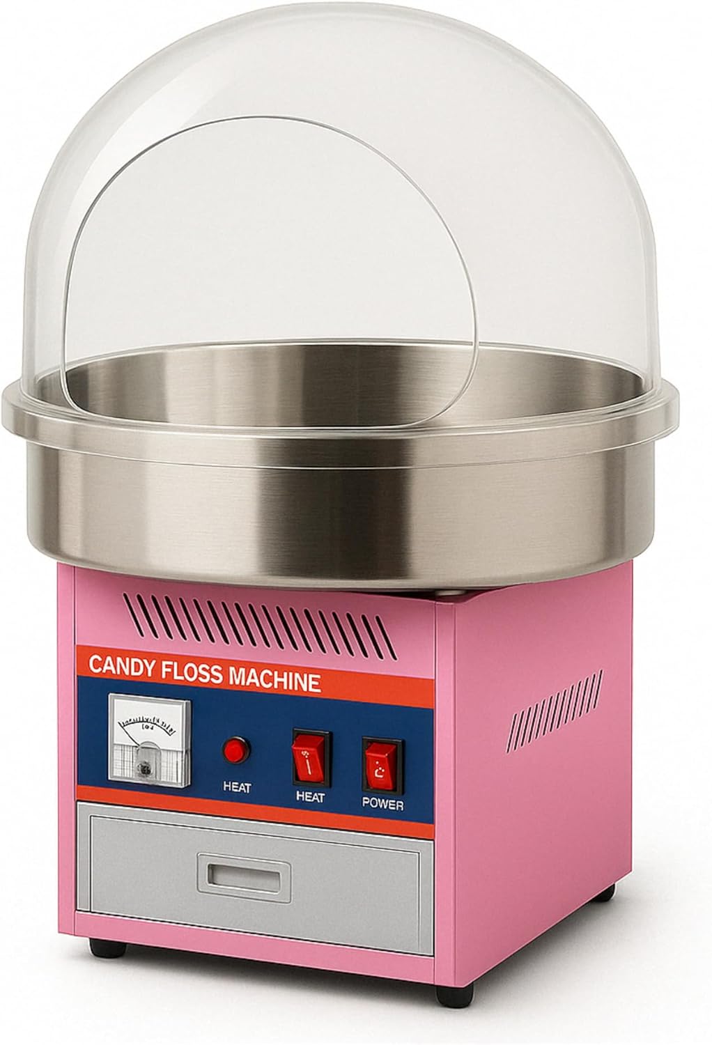 Machine à Barbe à Papa Professionnelle avec Bulle de Protection – 1,8 kg/h, Acier Inox, Cuve 50 cm – Thermostat Réglable – Idéale Événements, Fêtes, Kermesses