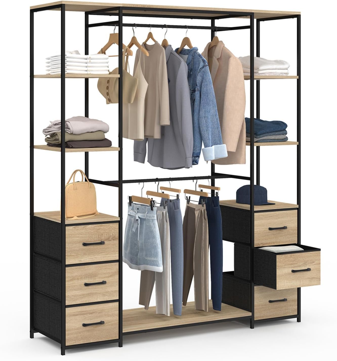 Dressing Double penderie + Double Colonne L - 140 cm Utah avec 6 étagères et 6 bacs en Tissu Bois et Noir