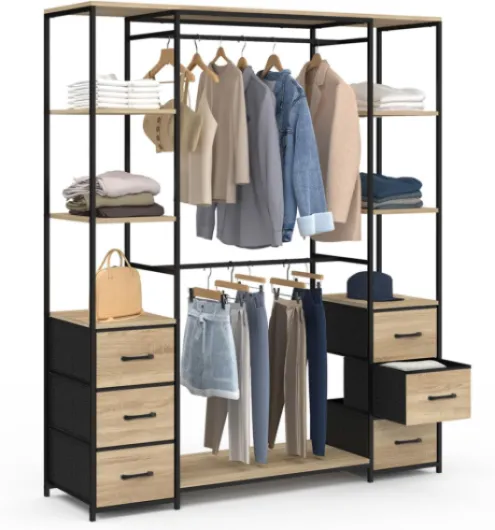 Dressing Double penderie + Double Colonne L - 140 cm Utah avec 6 étagères et 6 bacs en Tissu Bois et Noir
