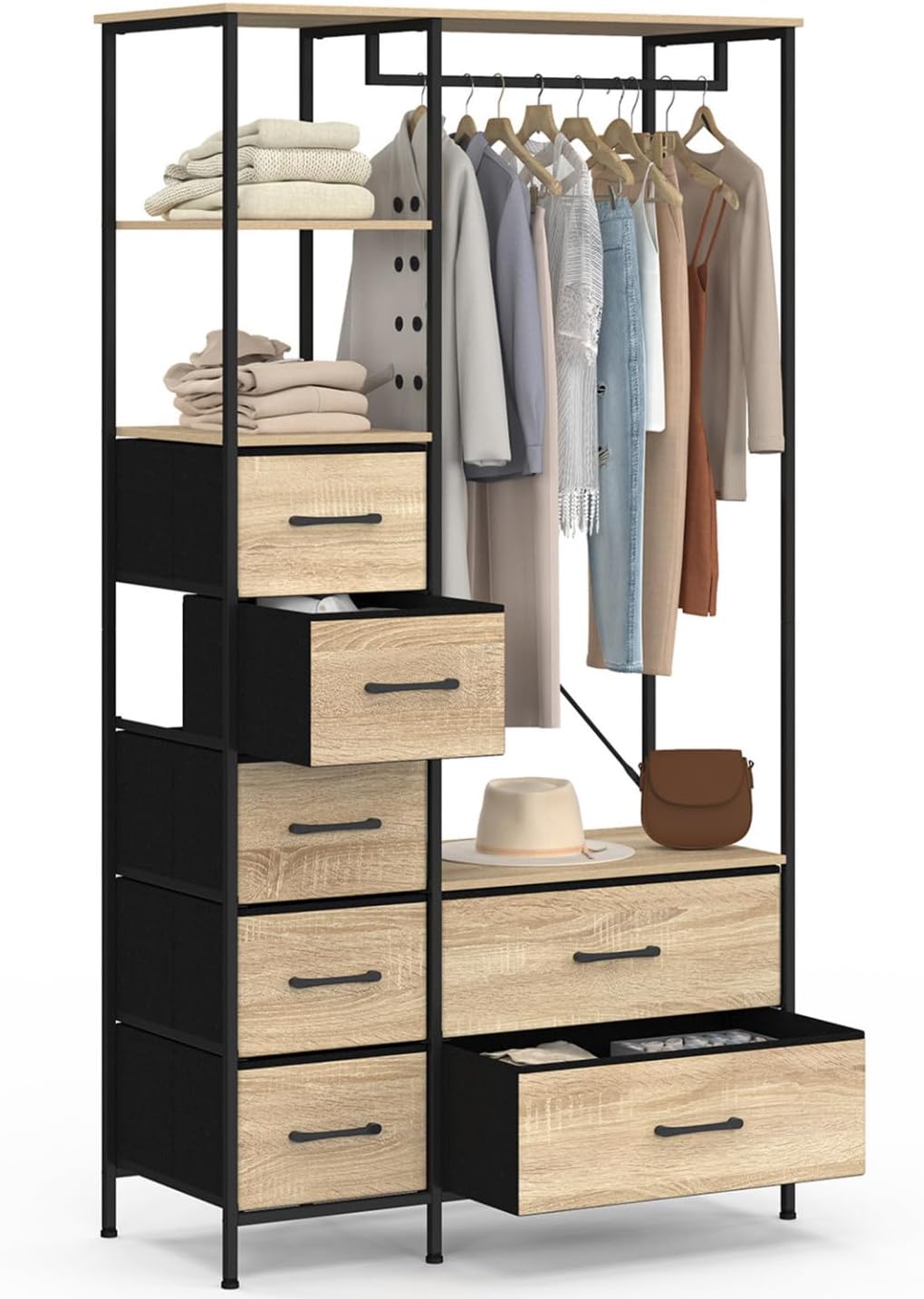 Dressing penderie + colonne L - 90 cm UTAH avec 1 étagère et 7 bacs en tissu bois et noir
