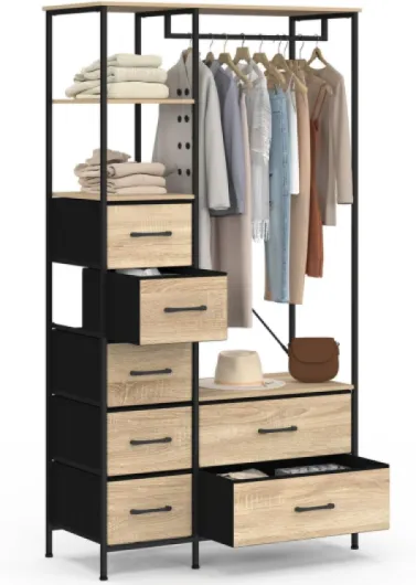 Dressing penderie + colonne L - 90 cm UTAH avec 1 étagère et 7 bacs en tissu bois et noir