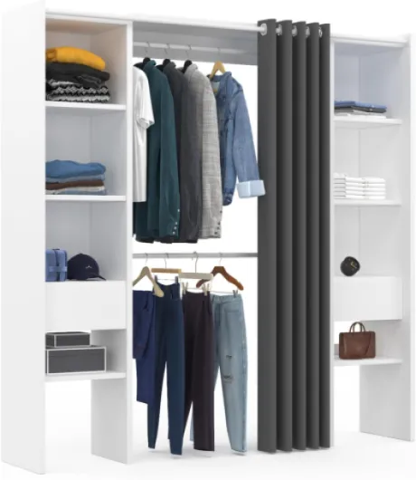 Dressing extensible double MERYL 120/180 x 50 x 180 cm blanc avec étagères + double penderie + rideau gris
