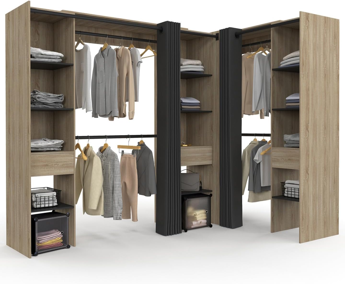 Dressing Extensible d'angle Marlon 230 x 140 x 180 cm cm hêtre avec penderies + étagères + Rideaux Noirs