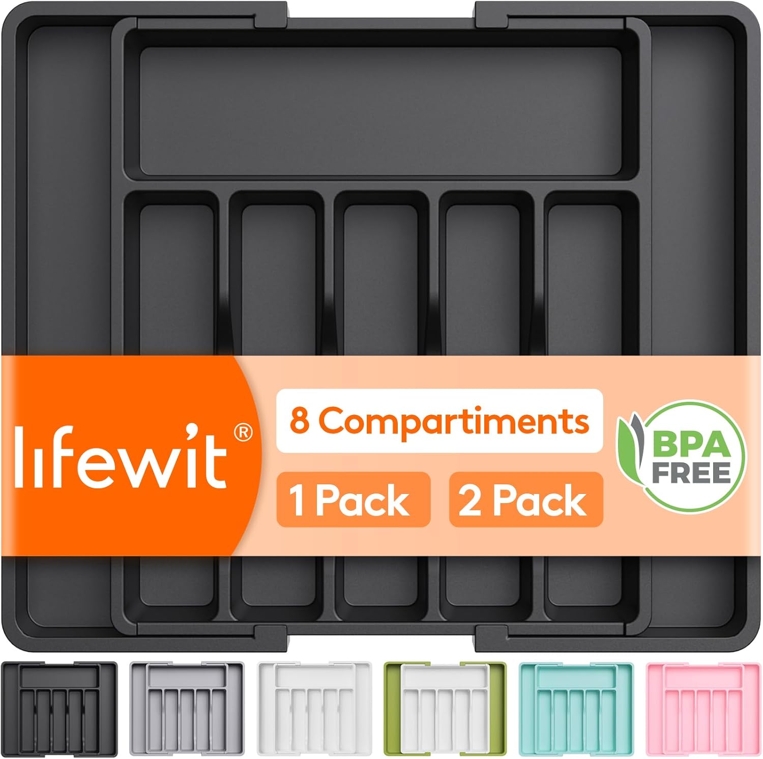 Range Couverts, Plateau d'Ustensiles Extensible pour Tiroir, Organisateur de Tiroir Réglable pour la Cuisine, Rangement Compact en Plastique pour contenir des Cuillères, Fourchettes, Noir 38cm (Largeur 33-57cm) Noir 1