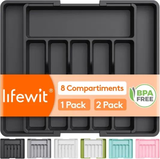 Range Couverts, Plateau d'Ustensiles Extensible pour Tiroir, Organisateur de Tiroir Réglable pour la Cuisine, Rangement Compact en Plastique pour contenir des Cuillères, Fourchettes, Noir 38cm (Largeur 33-57cm) Noir 1