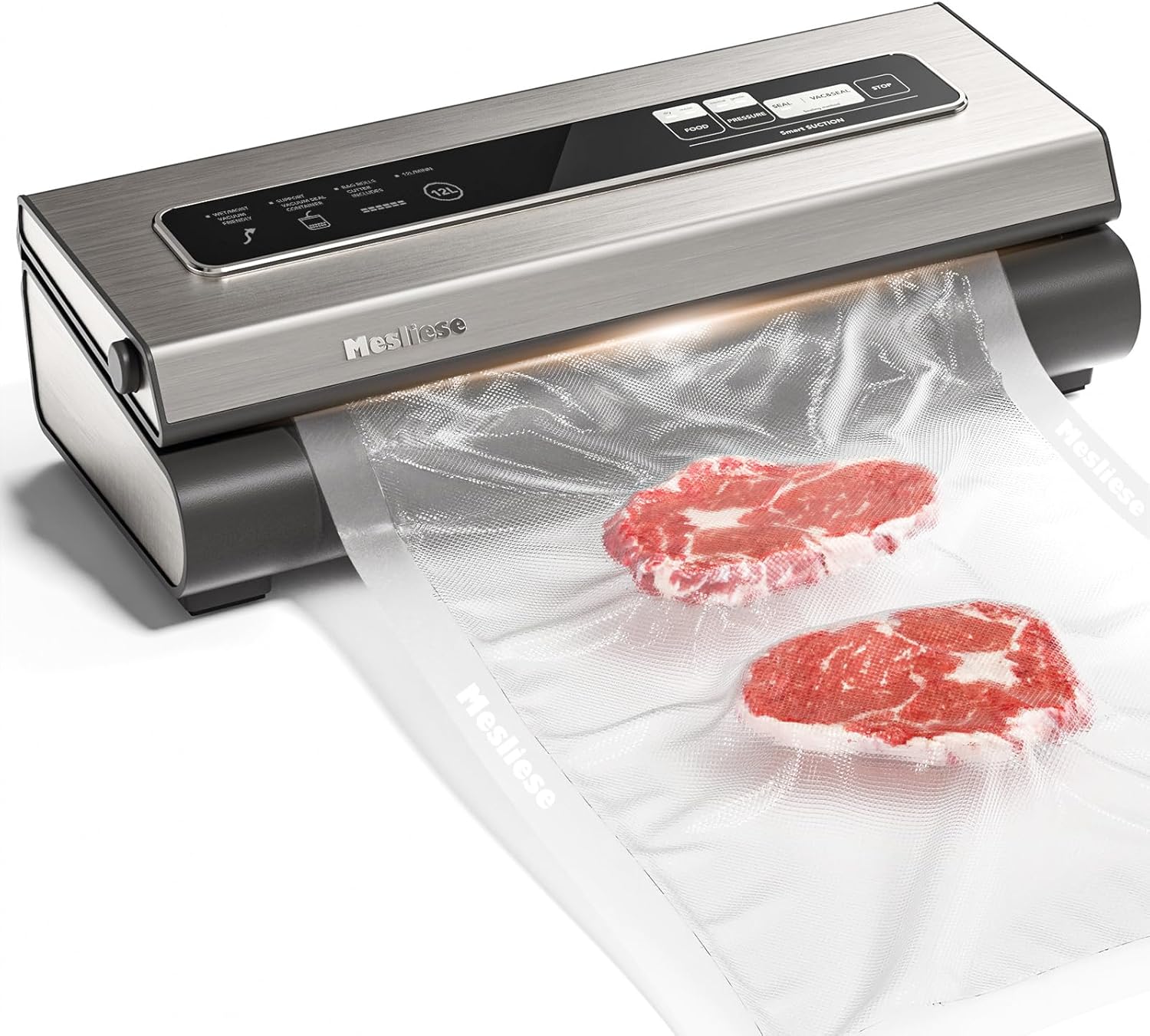 Mesliese Machine Sous Vide Alimentaire 90Kpa Puissant Appareil de Mise Sous Vide, 6-en-1 Compact Machine D'emballage des Aliments, 2 Rouleaux de Sac et 5 Sacs Prédécoupés, Modes Sec et Humide (Argent) Argenté