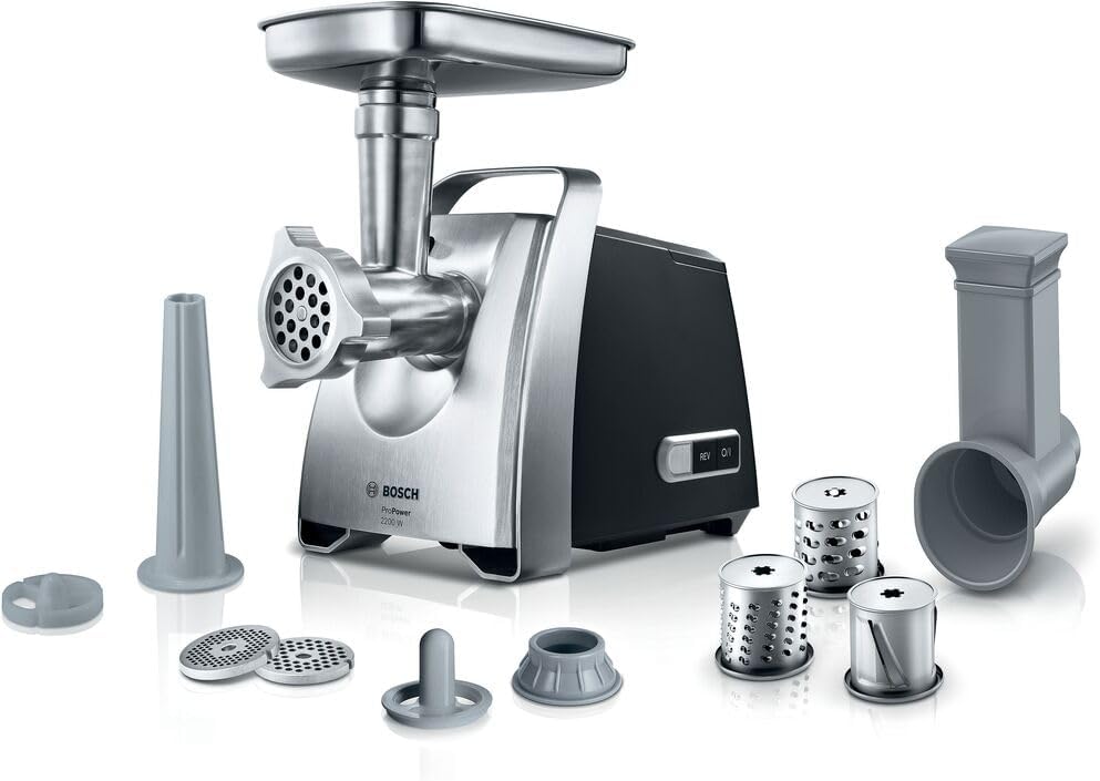 ProPower MFW68640 Hachoir à viande polyvalent - Jusqu'à 4,3 kilos de viande par minute –Garnisseur de saucisse – 7 accessoires pour râper, émincer et bien plus encore - Puissance de 2200 W, Noir 800W