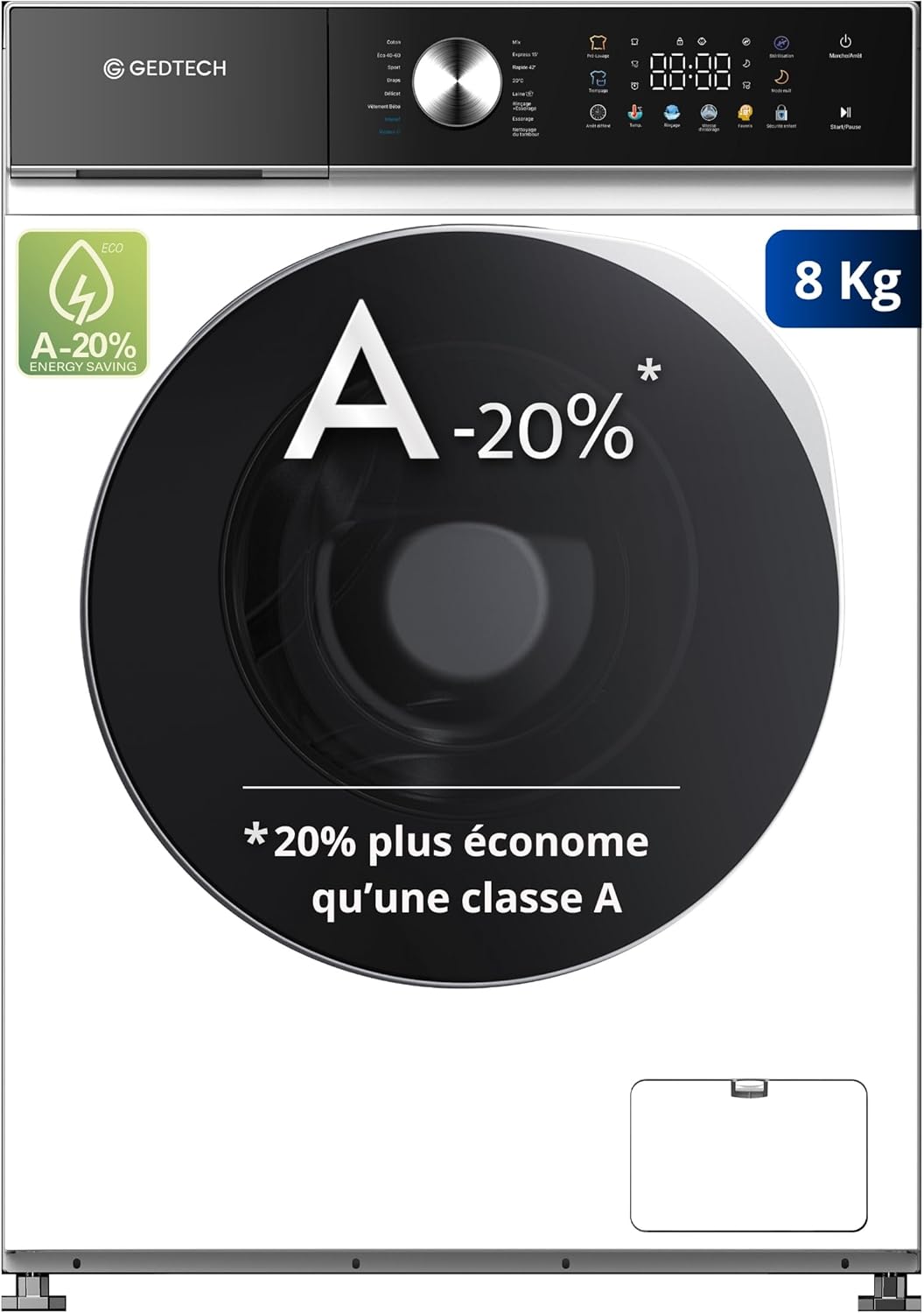 Lave-linge frontal GLLPS81400WH - 8 Kg - 1200 tr/mn - 16 programmes - Eco - Intensif - Rapide – Très Faible conso - Panneau commande LED couleur Blanc 8 Kg Eco