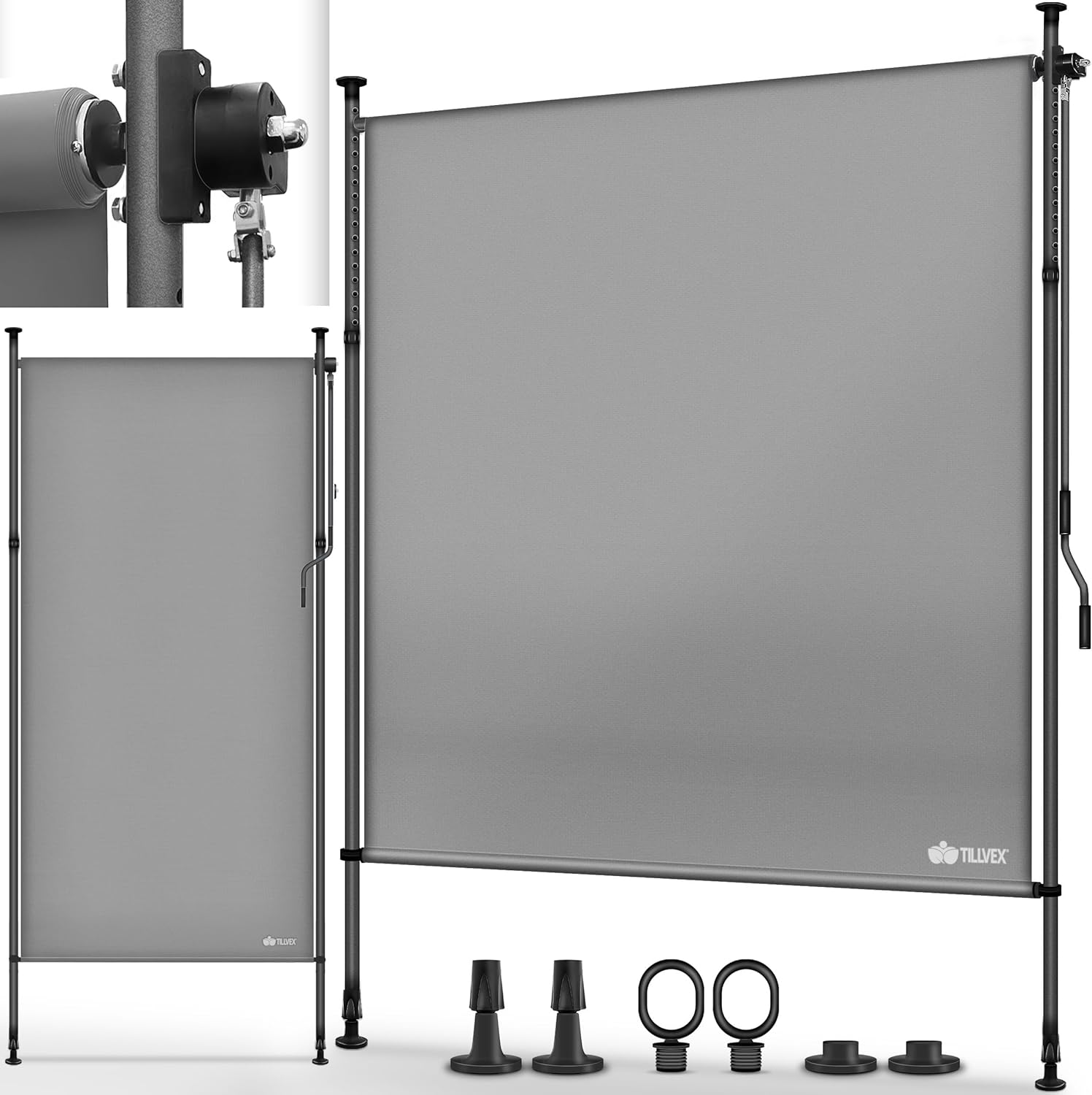 Tillvex Store vertical 100 x 310 cm gris avec manivelle sans perçage - Brise-vue extensible et opaque - Store vertical pour balcon, terrasse, jardin - Store brise-vue résistant aux intempéries 100x310 cm Gris