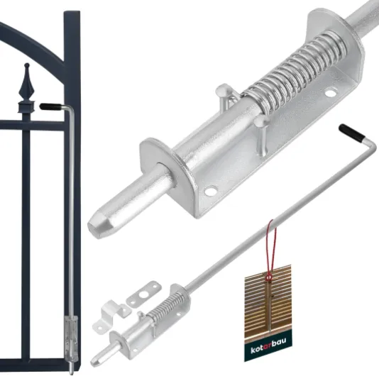 ® Verrou à ressort 80 cm en Acier S235JR Galvanisé - Verrou de porte jardin - Verrou Portail - Verrou Porte de Garage - Loquet Portail - Verrou Portail Exterieur Avec Plume