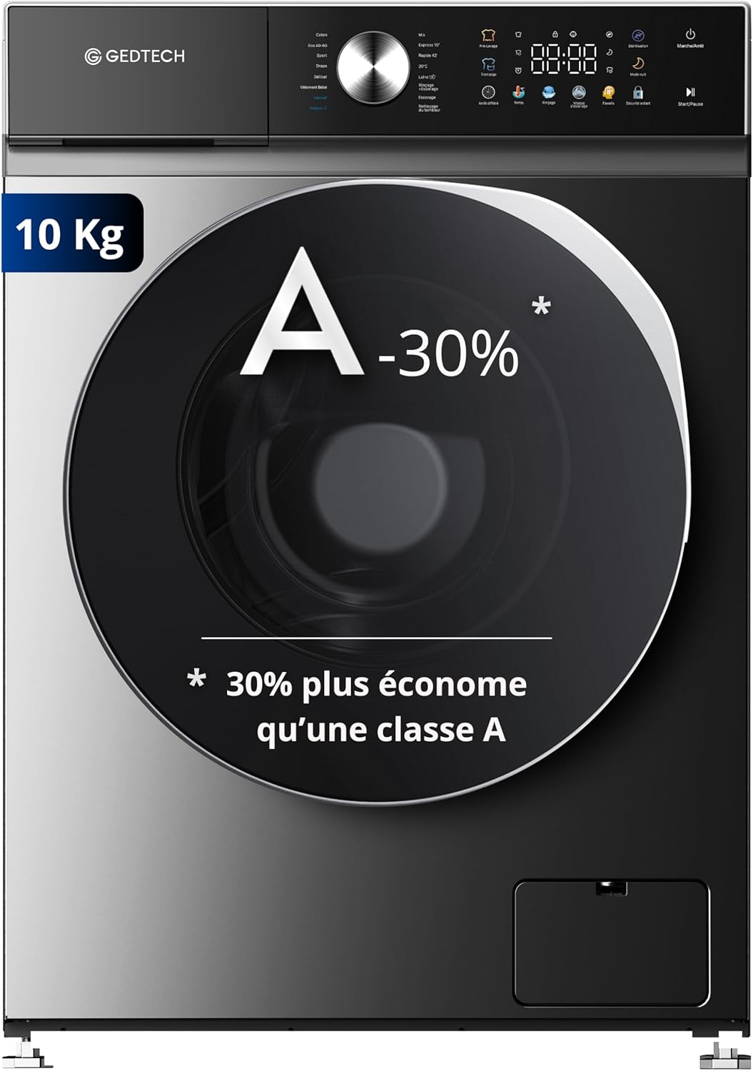 Lave-linge frontal GLLPS101400DG - 10 Kg - 1400 tr/mn - 16 programmes - Eco - Intensif - Rapide – Très Faible conso - Panneau commande LED couleur - Classe A -30% Dark Grey 10 kg Eco