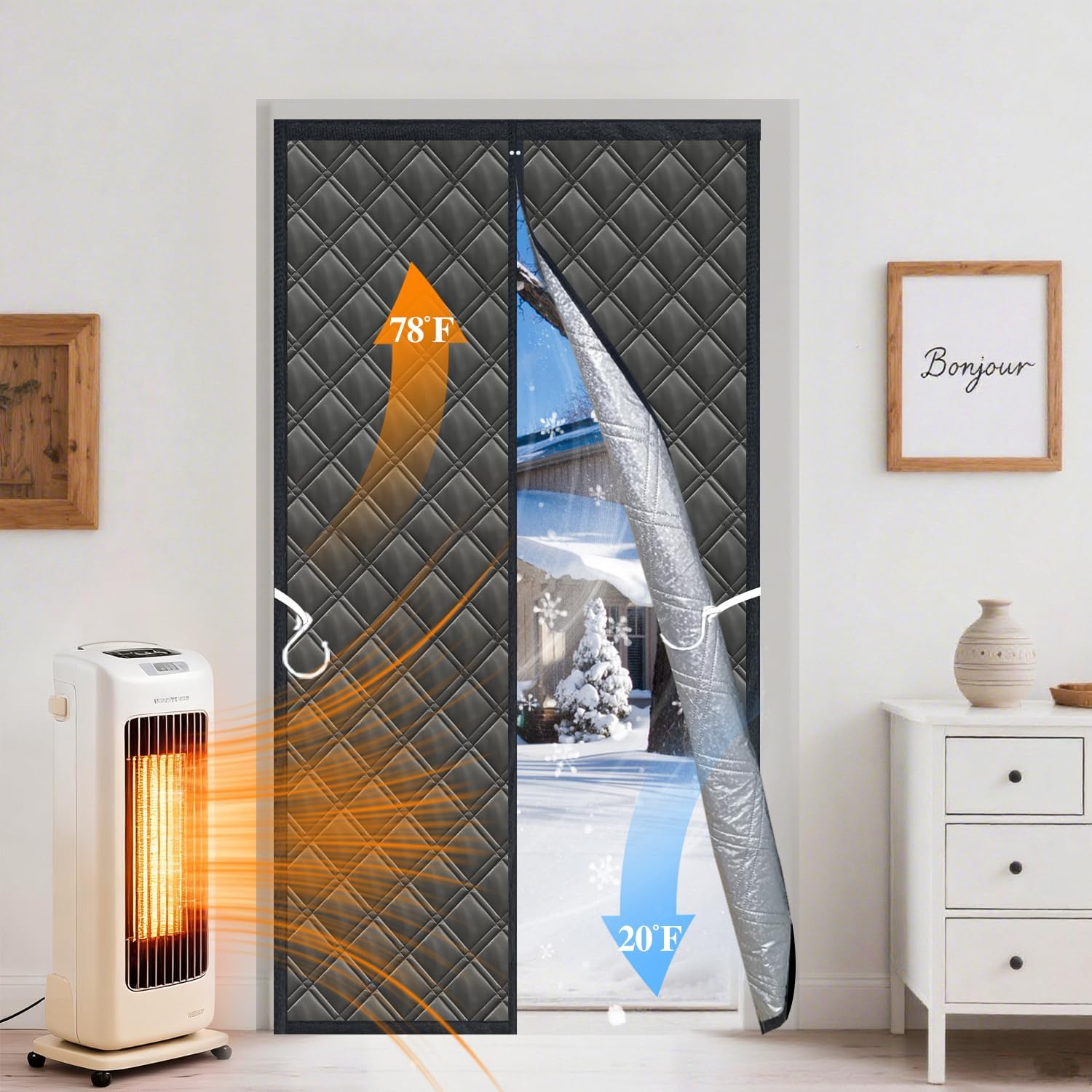 Rideau Isolant Thermique 3 Couches 96x210 cm - Porte d'Entrée d'Hiver Coupe-Vent et Insonorisant - Toile Oxford/Coton/Alu Épaisse - Pour Porte d'Intérieur, Garage, Sous-Sol et Camping-Car, Noir