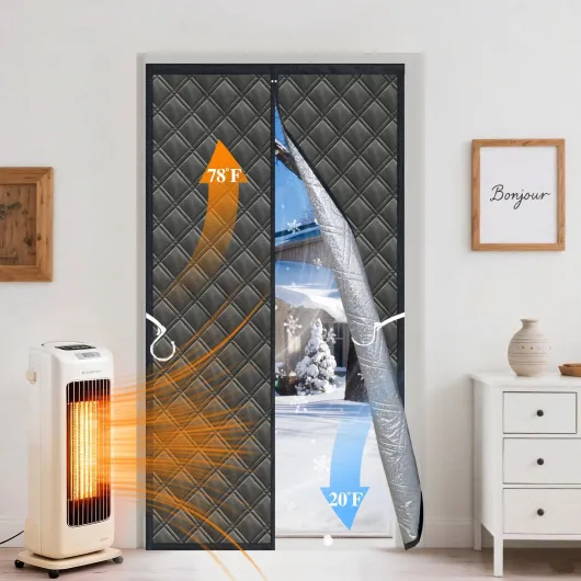 Rideau Isolant Thermique 3 Couches 96x210 cm - Porte d'Entrée d'Hiver Coupe-Vent et Insonorisant - Toile Oxford/Coton/Alu Épaisse - Pour Porte d'Intérieur, Garage, Sous-Sol et Camping-Car, Noir