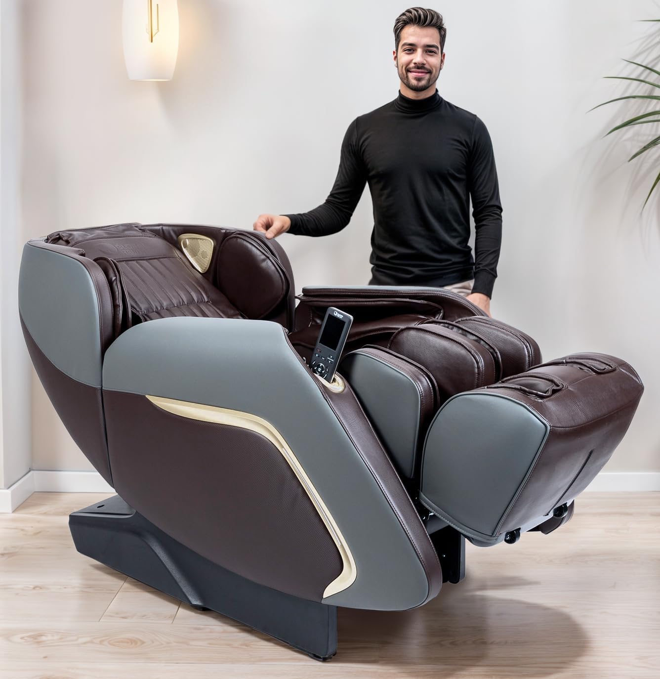 ® - Ananda Fauteuil de Massage 2D+ I Brun - Masseur avec 12 programmes I Pressothérapie - Dimmable - Technologie Prestige - Son 3D - Bluetooth - USB Ananda Brun