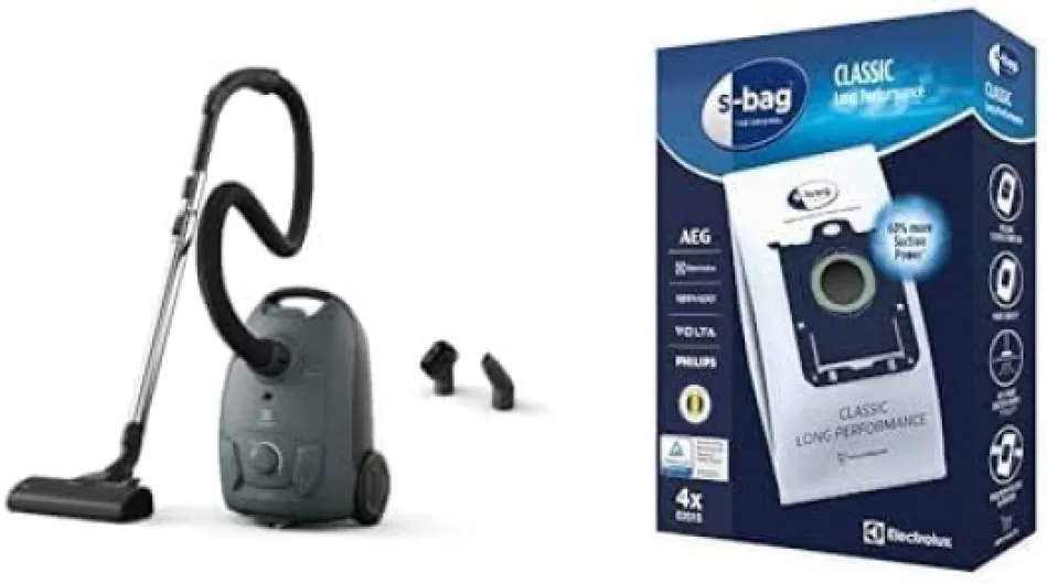 Electrolux Clean 500 Aspirateur avec Sac Puissant EB51C1OG, Compact, léger, éco Responsible, Vert océan + Sacs Aspirateur S-Bag Long Performance, Boite de 4 Sacs, 3,5 litres