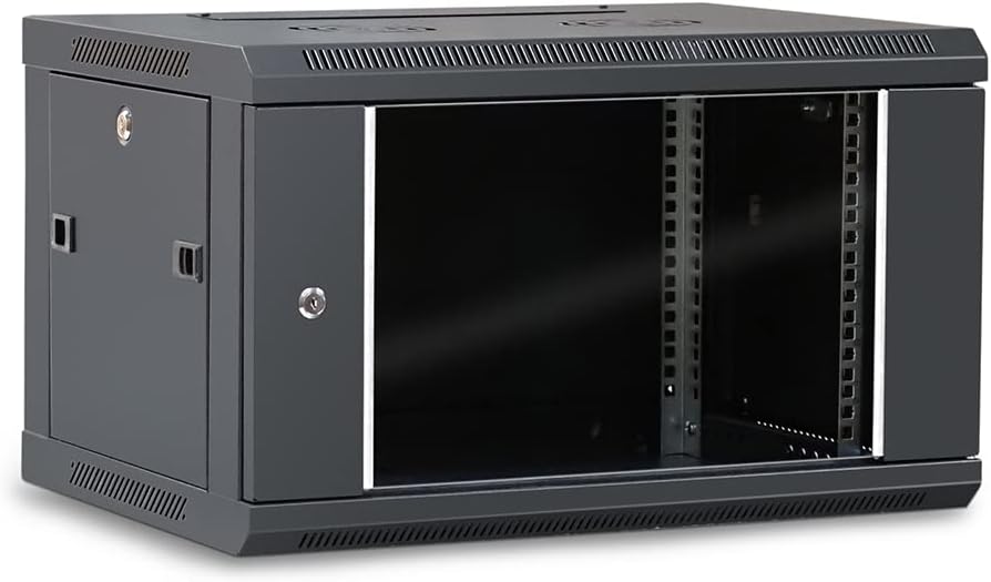 37401 Coffret Armoire Réseau 19 Pouces 6U – L 600 x P 450 x H 368mm – Mural ou posé sur Pieds Fournis - Porte vitrée à Serrure - Couleur Noir Prof - 450 - 6U