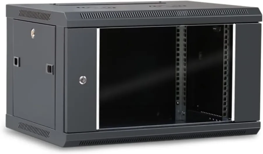 37401 Coffret Armoire Réseau 19 Pouces 6U – L 600 x P 450 x H 368mm – Mural ou posé sur Pieds Fournis - Porte vitrée à Serrure - Couleur Noir Prof - 450 - 6U