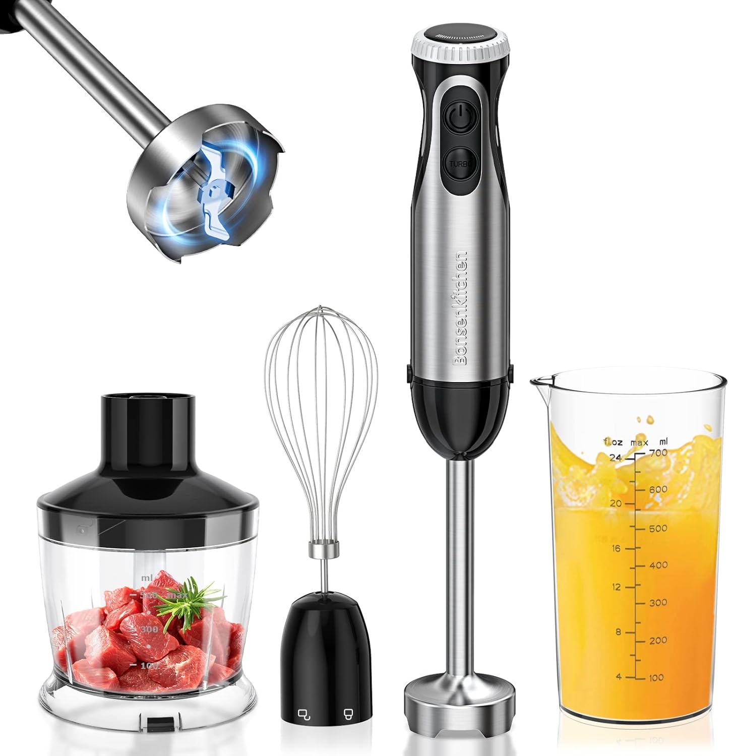 Mixeur Plongeant, 4-en-1 Mixeur Plongeur Multifonction 1000W, 20 Vitesse Réglable, avec Fouet, Hachoir de 500ml et Verre Doseur 700 ml, Robot de Cuisine (HB3203) Mixeur + Fouet + Hachoir + Tasse