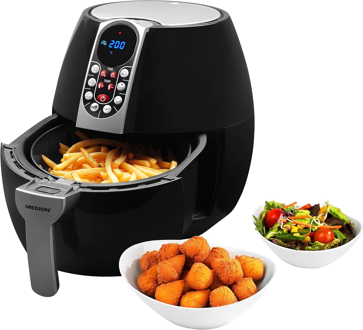 Air Fryer E10 S (Friteuse sans huile à air chaud, capacité 4 L, 1500 W, 8 programmes automatiques, régulation de la température et du temps, petit et facile à utiliser, MD17320) noir