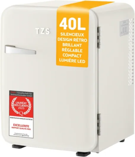 TZS First Austria - Mini Réfrigérateur Rétro 40L silencieux - Petit Minifrigo design vintage avec lumière intérieure et 2 compartiments de porte - Minibar pour camping, bureau, chambre & hôtel - Crème 40 litres Crème