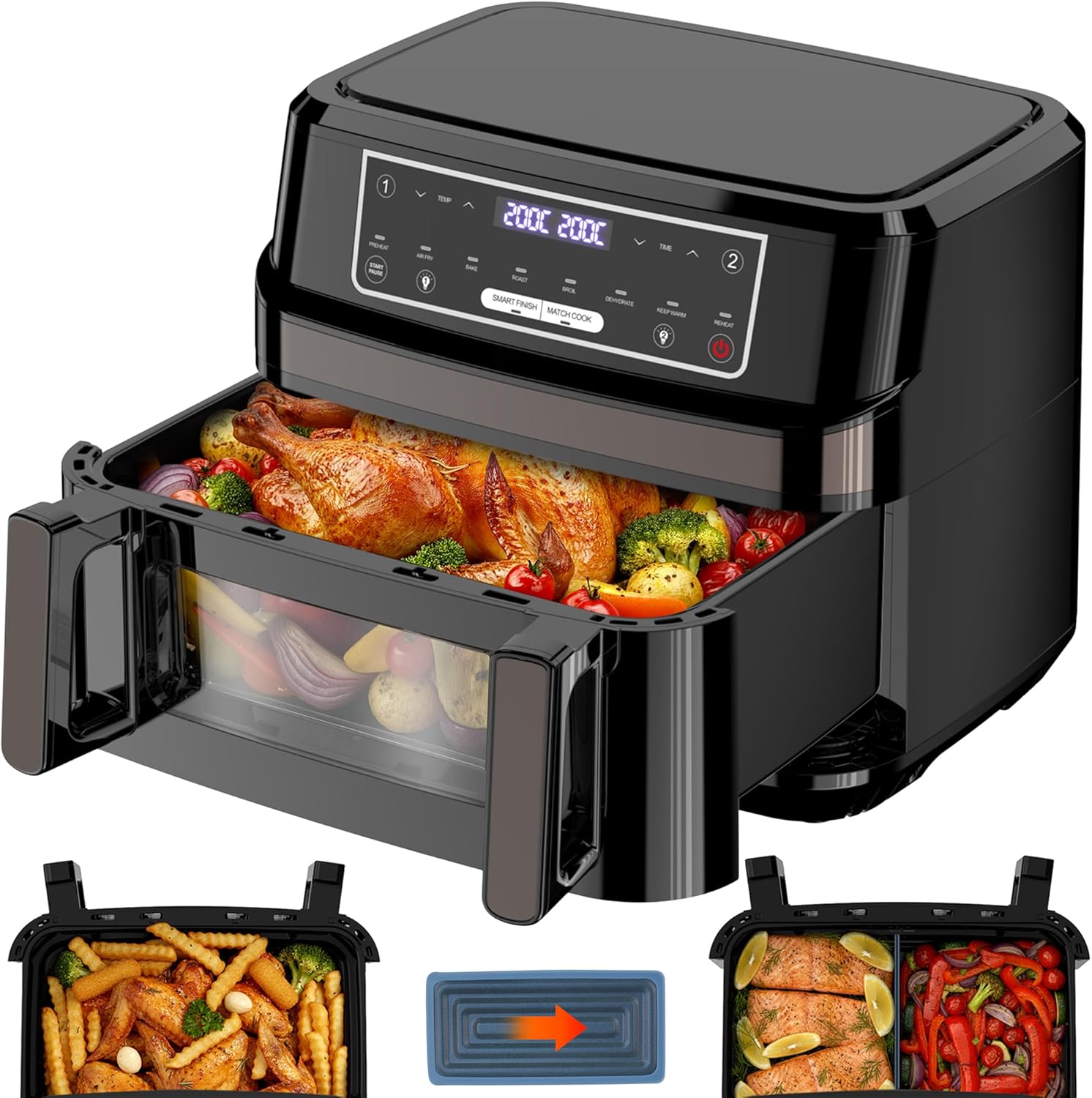 Air Fryer 12L - Réglable Une ou Deux Chambres Grande Friteuse Sans Huile, 8-en-1 Friteuse Air Fryer XXL Contrôle Température Indépendante max 200℃, 2600W AirFryer Double Compartiment a Fenetre Visible Noir