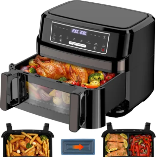 Air Fryer 12L - Réglable Une ou Deux Chambres Grande Friteuse Sans Huile, 8-en-1 Friteuse Air Fryer XXL Contrôle Température Indépendante max 200℃, 2600W AirFryer Double Compartiment a Fenetre Visible Noir