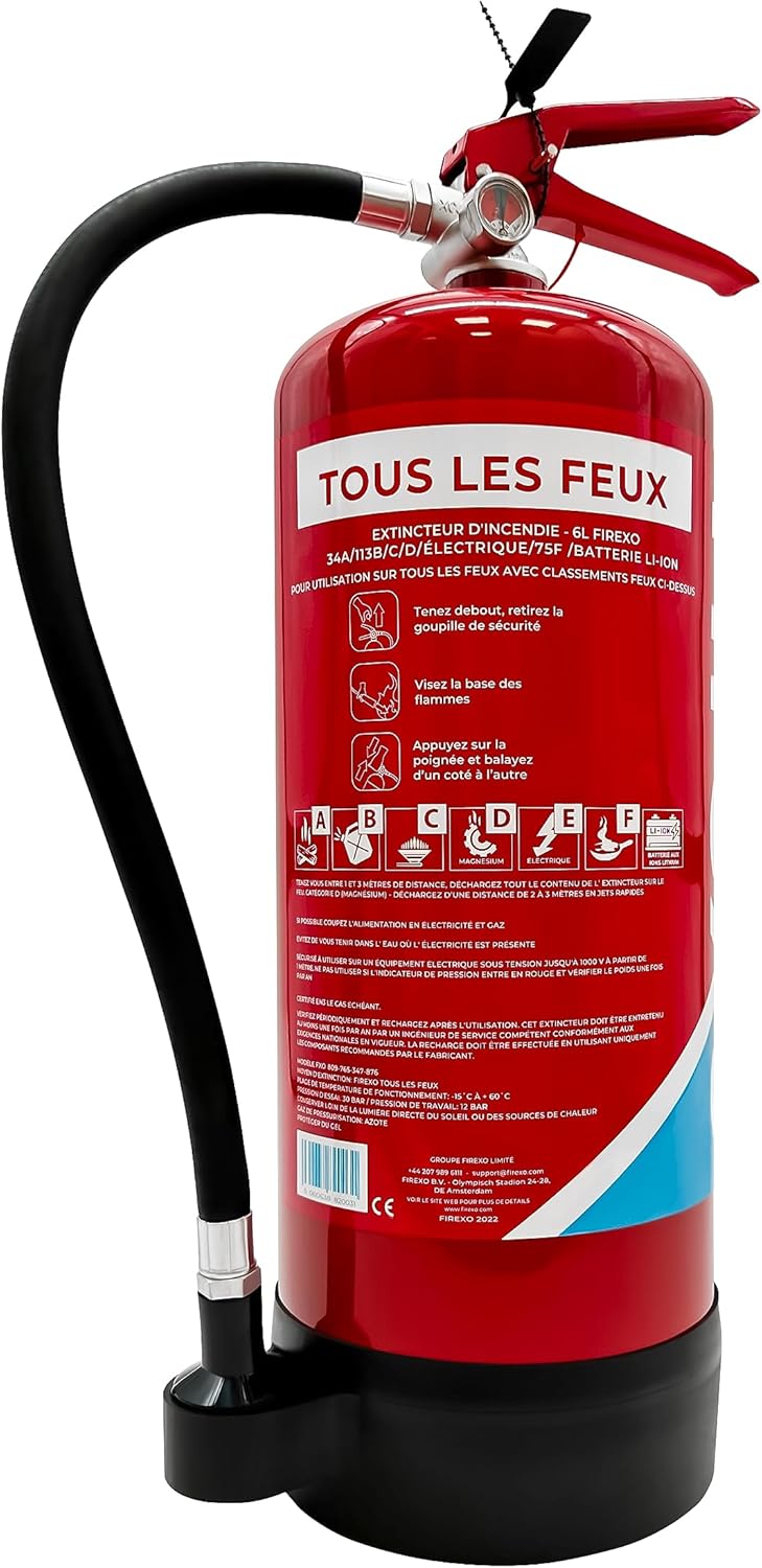 Extincteur (6 Liter) - Extincteur maison tous feux, Batterie lithium, Bureau, Cuisine, Voiture, Travail, Restaurant, Bateau - Fire extinguisher for all fires 6L