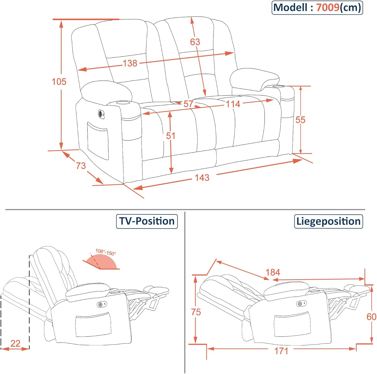Canapé électrique 2 Places avec Fonction Sommeil, canapé Relax 2 Places avec Bouton réglable à 150°, Chaise de cinéma avec Fonction inclinable, 7009 (Gris) 73 (P) x 143 (L) x 105 (H) cm