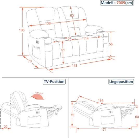 Canapé électrique 2 Places avec Fonction Sommeil, canapé Relax 2 Places avec Bouton réglable à 150°, Chaise de cinéma avec Fonction inclinable, 7009 (Gris) 73 (P) x 143 (L) x 105 (H) cm