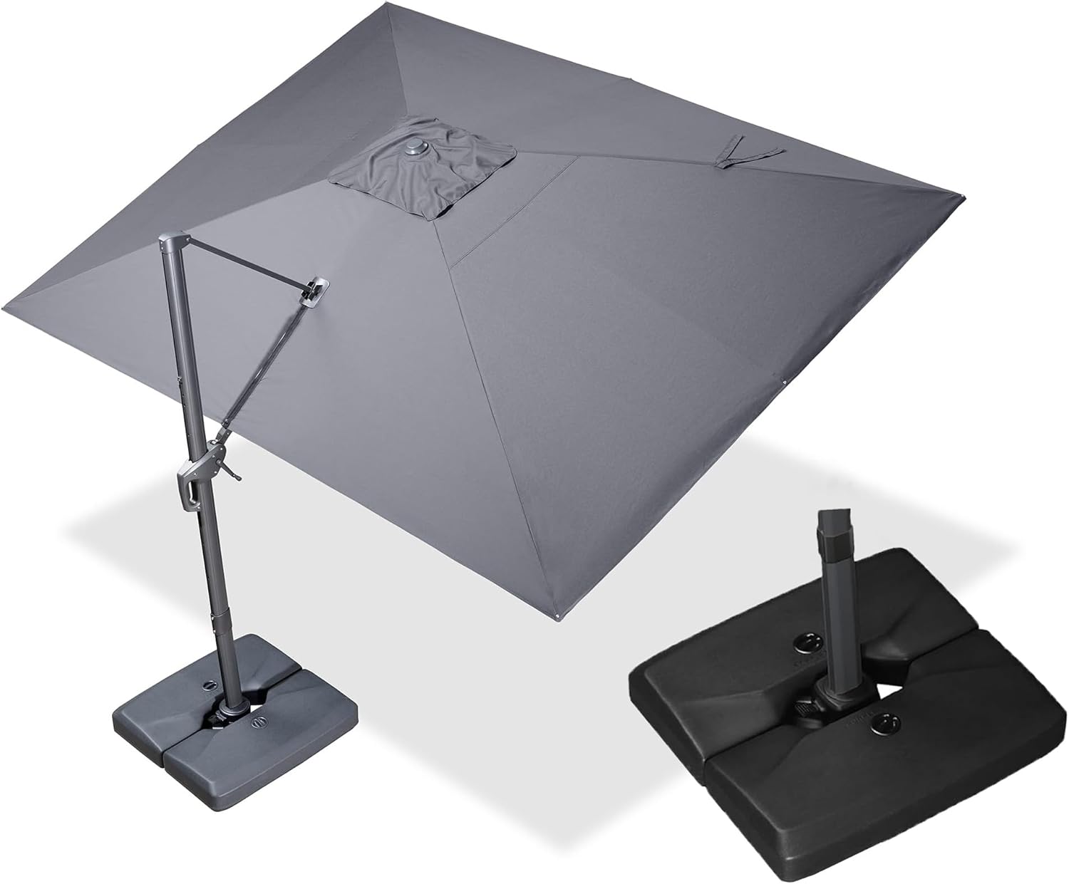 Parasol Déporté 3 × 4 m avec Socle Lestée, Parasol de Jardin Extérieur Toile Imitation Acrylique Protection UPF50+ Inclinable et Rotation à 360°, 8 Baleines Aluminium, Gris foncé Gris foncé 3 × 4 m Parasol et Base