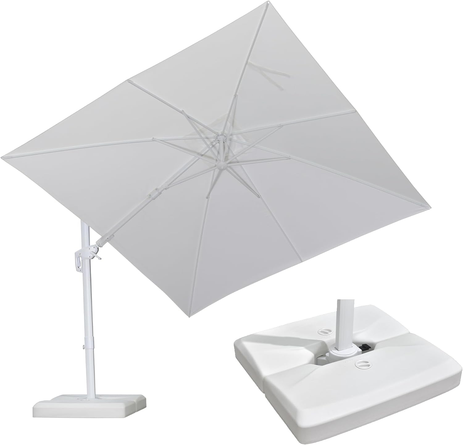 Parasol Déporté 2,7 x 3,6 m Rectangulaire avec Socle, Parasol de Jardin Extérieur Blanc en Aluminium avec Pivotant, Inclinable dans les 2 Sens, Hauteur Réglable, Blanc Blanc 2,7 X 3,6 m Pivotant Parasol et pied