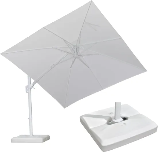 Parasol Déporté 2,7 x 3,6 m Rectangulaire avec Socle, Parasol de Jardin Extérieur Blanc en Aluminium avec Pivotant, Inclinable dans les 2 Sens, Hauteur Réglable, Blanc Blanc 2,7 X 3,6 m Pivotant Parasol et pied
