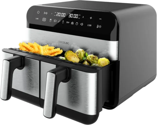 Friteuse sans Huile Cecofry Advance 9000 Inox - Air Fryer 2800W, 2 Plateaux 4,5L, Double Température, Température ajustable de 80-200 ºC, 7 Programmes, Ecran tactile multifonctions 39 x 42 x 30.5 cm Dark Inox
